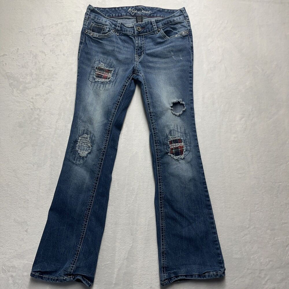 Ariya Jeans Bootcut‎ Women’s Sz 11/12 Oxford Plaid Patch Destroyed Y2K